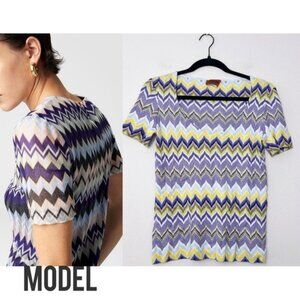 Missioni Chevron Stripe Short Sleeve Top M Round Neck Zig Zag Knit Vintage Y2K